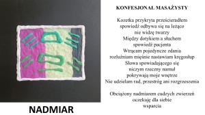 Na fioletowo-żółto-popielatym tle zielone kreski i romby