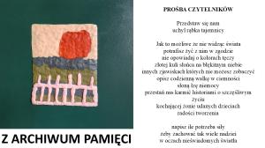 Na blado-pomarańczowo-popielato-oliwkowym tle zachodzące4 czerwone słońce i fragment płotu różowy