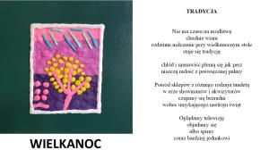Na różowo-liliowo-fioletowym tlekwitnące różowo-żółte drzewko i niebieskie krople deszczu