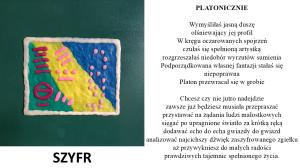 Na zielono-żółto-niebieskim tle czerwone i różowe kropki z napisem SZYFR w Brailu