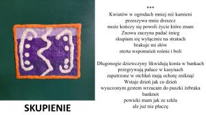 na fioletowo liliowym tle blado-różowe uszy, kropki i zygzak. Ramka pomarańczowa
