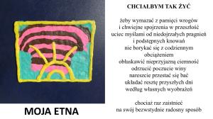 na błękitnym tle różowo czarne i żółte paski i kreski symbolizujące wybuch wulkanu