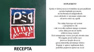 Na granatowo-czarno-czerwonym tle białe literki P, kreski i napis recepta w Braillu