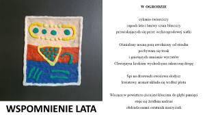 Na kremowo-czerwonyo-niebieskim tle żółty trójkąt, kropki, zielone kropki i kreski