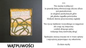 Na kremowo-żółtym tle plątanina oliwkowych lini. Ramka oliwkowa