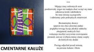kolor:czerwony, zielony, fiolet biały czarny, 4 krzyże, dwie kałuże, przejście pośrodku