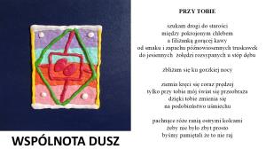 Na fioletowo-zielono-czerwono-różowym tle zielony rąb a w środku w kwadracie dwie czerwone krople