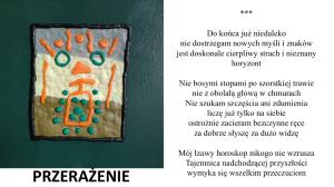 Na popielato-kremowo-oliwkowym tle pomarańczowe i zielone kółka, kreski, trójkąt o proztokąt