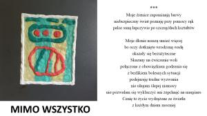 na żółto-błękitnym tle zielono czerwone kółka, kreski i kropki