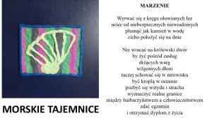 Na fioletowo-zielono-czarnym tle kremowa symbol kremowej muszli ślimaka