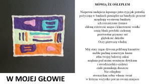 Na Fioletowo-żółto-pomarańczowym tle różowe, niebieskie linie, trójkąty, prostokąty. Ramka biała