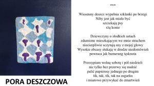 Na biało-błękitnym tle fioletowe krople deszczu