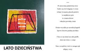 Na pomarańczowo-źzerwono-żółtym tle czarno czerwono-biały drążek do ćwiczeń. Ramka biała