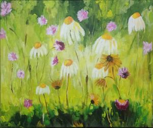 Łąkowe kwiaty białe i fioletowe na zielonym tle