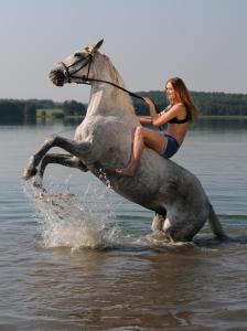 Młoda kobieta na koniu w wodzie jeziora &#34;staje dęba&#34;