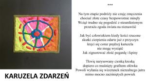 Na żółto-różowo-pomarańczowym tle  zielono-niebiesko-czerwony diabelski młyn