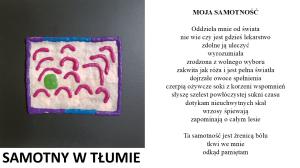 na jasno-różowym tle czerwone półkola i zielona kropka. Ramka fioletowo-niebieska