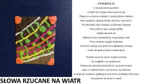 Na brązowym tle pomarańczow-żółte sznury na których wiszą zielone i pomarańczowe kropki