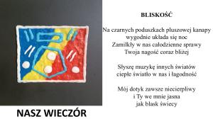 Na niebiesko-żółto-czerwonym tle pięciokąt, prostokąt, kreski błękitne i białe kropki i kreski