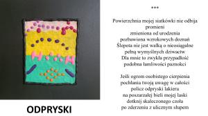 Na różowo-żółto-seledynowym tle fioletowe, czerwone i granatowe kreski