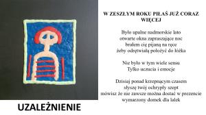 Na niebieskim tle różowa postać kobiety z czerwonymi włosami ze związanymi rękami