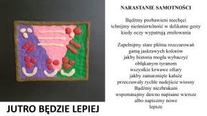 Na fioletowo-różowo-zielonym tleczerwone o białe kreski, kropki symbolizujące obfitość. Ramka brązow