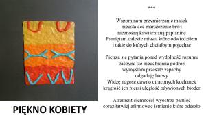 Na żółto-pomarańczowo-czerwonym tle cłękitne symbile kobiecych atryburów