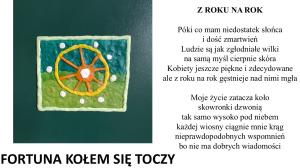 kolor zielony, żółty pomarańczowy i biały. Toczące się koło ze szprychami