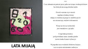 Na różowo-żółto-fioletowym tle rozrzucone czarne cyfry. Czarna ramka