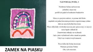 Na fioletowo-różowym tle granatowo-zielono-czerwone i białe linie
