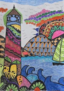 Praca wykonana cienkopisami w stylu Zentangle kolorowana pisakami