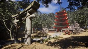 Brama torii i czerwona pagoda wśród drzew. Grafika 3D.