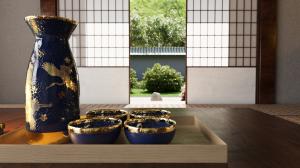 Zestaw do sake na tle ogrodu za drzwiami shoji. Grafika 3D.