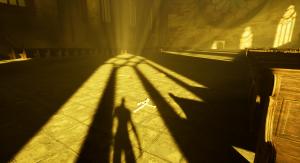 Cień postaci w świetle gotyckiego okna. Praca magisterska, Unreal Engine.