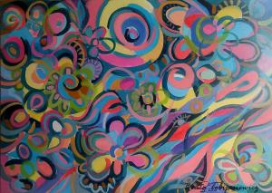 Autor: Beata Tobijasiewicz Obrazy abstrakcyjne, z motywami roślinnymi, namalowane farbami akrylowymi, na płótnie